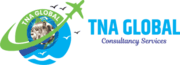 The logo features a globe with a family in the center, encircled by a green plane. TNA Global Consultancy Services is on the right, with birds and waves.