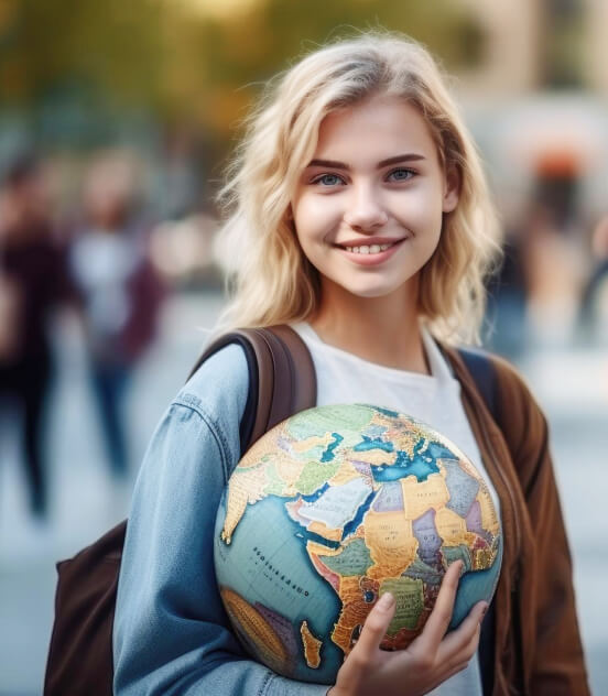 A young woman holds a globe, smiling, with a blurred outdoor background. She seems to be a student or traveler, symbolizing global exploration.