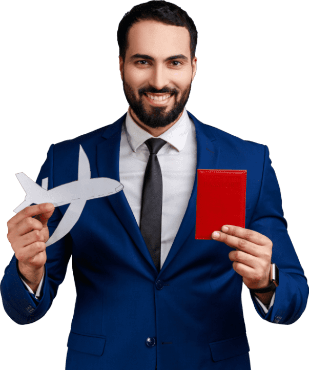 A man in a blue suit holds a paper plane in one hand and a red passport in the other. He is smiling. The context suggests visa or travel services.