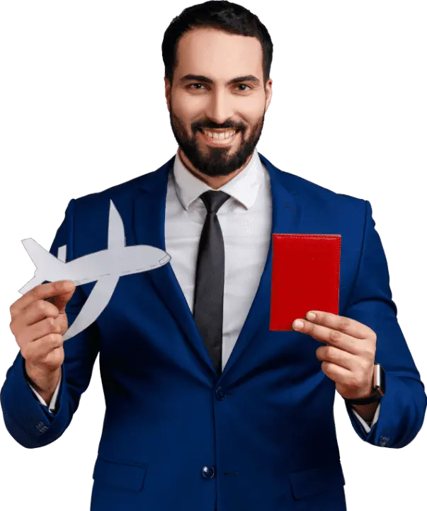 A man in a blue suit holds a paper plane in one hand and a red passport in the other. He is smiling. The context suggests visa or travel services.