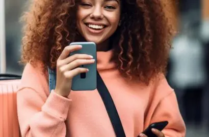 The image shows a smiling woman with curly hair holding a phone. She is wearing a pink sweater and has a suitcase. The context suggests travel or communication.