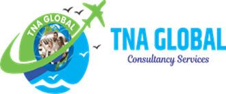 The logo features a globe with a family in the center, encircled by a green plane. TNA Global Consultancy Services is on the right, with birds and waves.