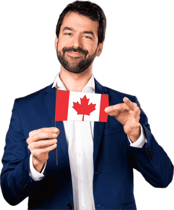 A man in a blue suit holds a small Canadian flag and smiles. The context suggests a focus on Canadian immigration or visa services.