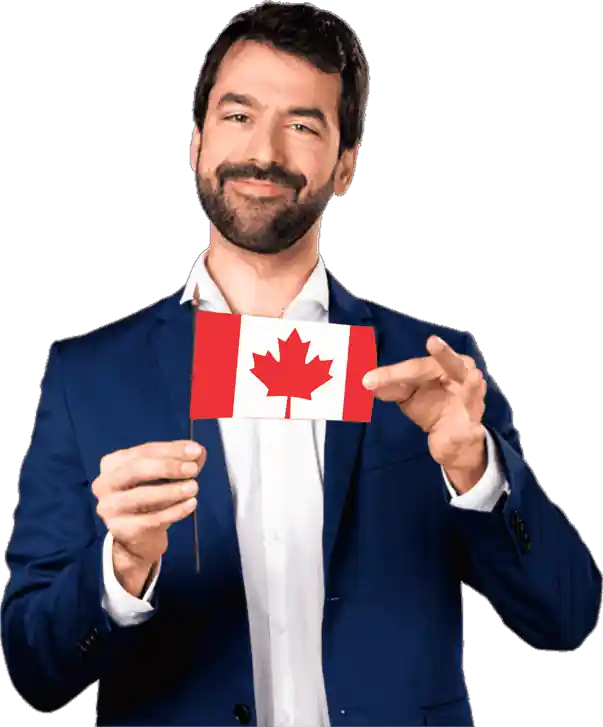 A man in a blue suit holds a small Canadian flag and smiles. The context suggests a focus on Canadian immigration or visa services.